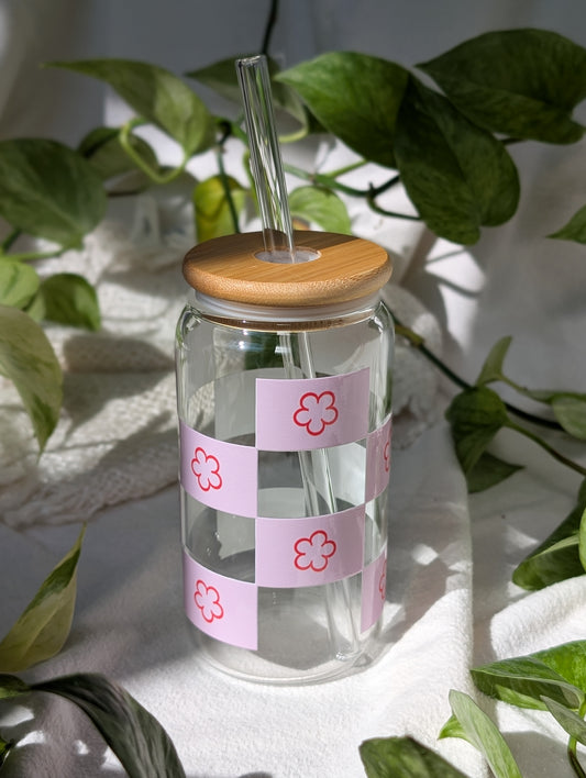 Modèle FLEURS À CARREAUX * Verre avec couvercle et paille