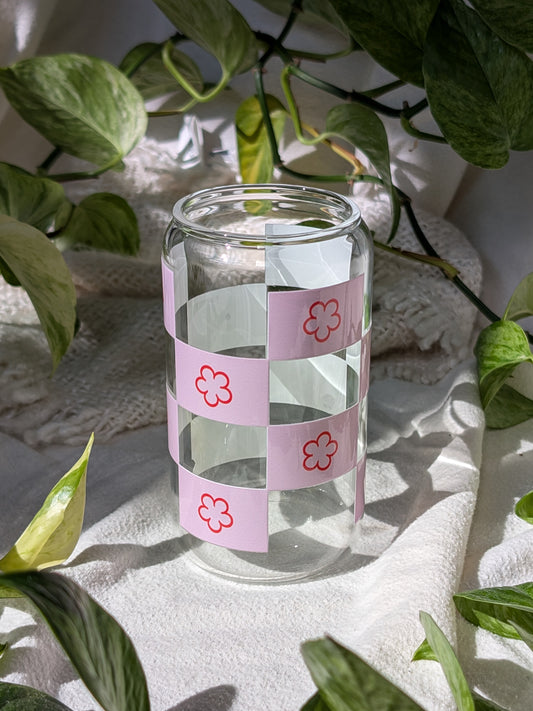 Modèle FLEURS À CARREAUX * Verre avec couvercle et paille