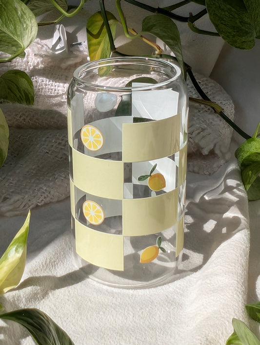 Modèle CITRON À CARREAUX * Verre avec couvercle et paille