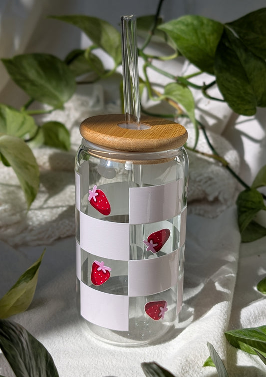 Modèle FRAISE À CARREAUX * Verre avec couvercle et paille